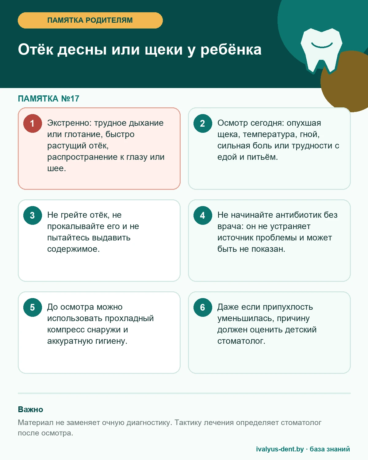 Красные флаги при отёке десны или щеки у ребёнка и безопасные действия до осмотра